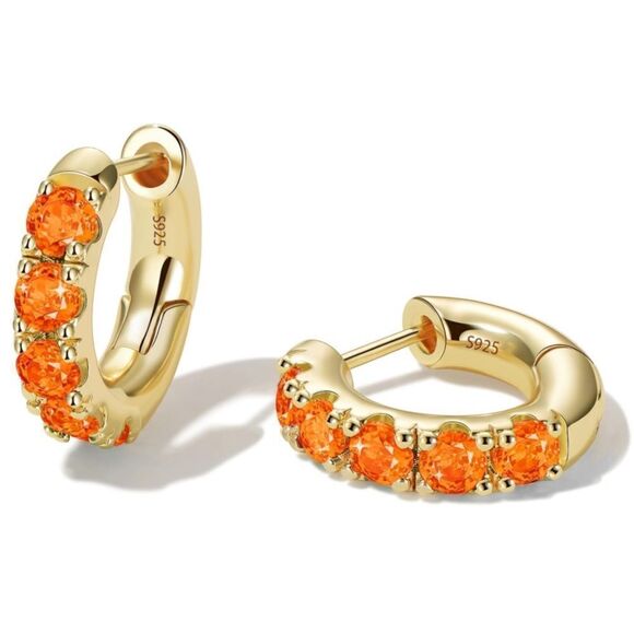 14K Yellow Gold Sterling Silver Orange Citrine Cubic Zirconia Huggie Earrings - Picture 1 of 8